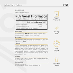 Spermidine Wheat Germ Extract – 600Mg per Capsule - 6Mg Spermidine High Strength Supplement – 60 Vegan Capsules (2 Months Supply) by Alpha01