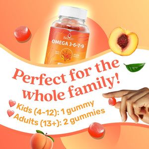 Belive Omega 3 Gummies with Omegas 6, 7, 9, DHA & EPA from Flaxseed Oil and Sea Buckthorn Fruit Oil - Sugar-Free, Supports Brain, Heart, Eye & Immune System, Supplements for Kids & Adults (60 CT) (1)