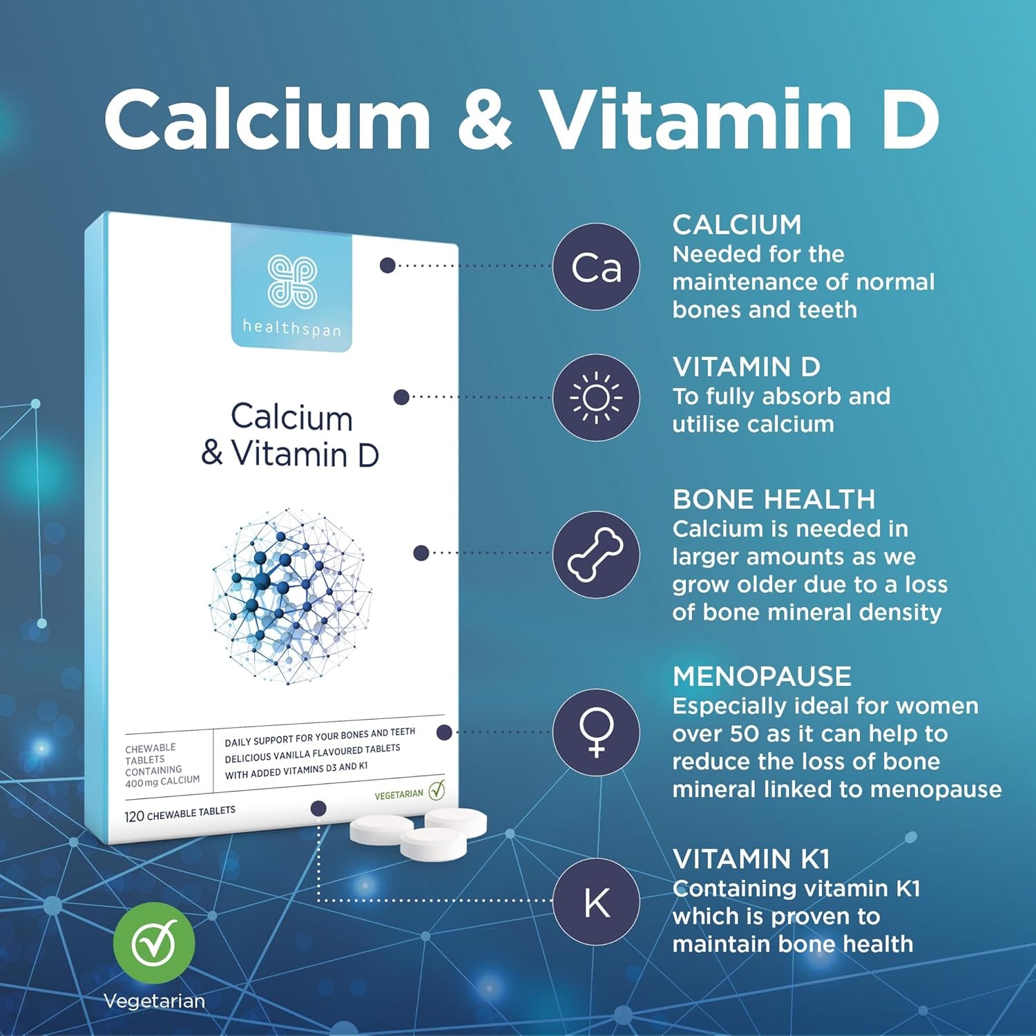 Healthspan Calcium & Vitamin D (240 Chewable Tablets) | High Strength Pure Calcium Supplement | Natural Source of Vitamin D3 | Added Vitamin K for Bone Health | Vanilla | Vegetarian