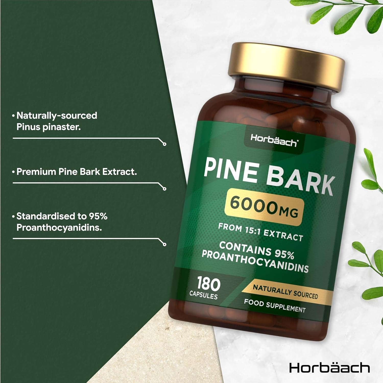 Pine Bark Extract Capsules 6000Mg | 180 Count | High Strength Supplement | 15:1 Pine Bark Extract | 95% Proanthocyanidins | by Horbaach