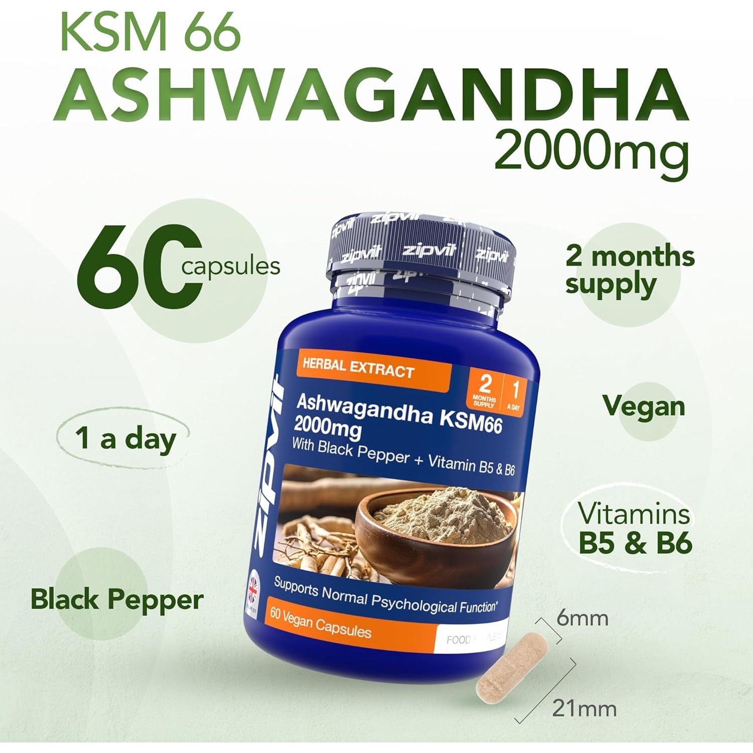 Zipvit Ashwagandha KSM 66 2000 Mg with Vitamin B6, B5 & Black Pepper, High Strength Ashwagandha Root Extract, 60 Vegan Capsules, 2 Months Supply