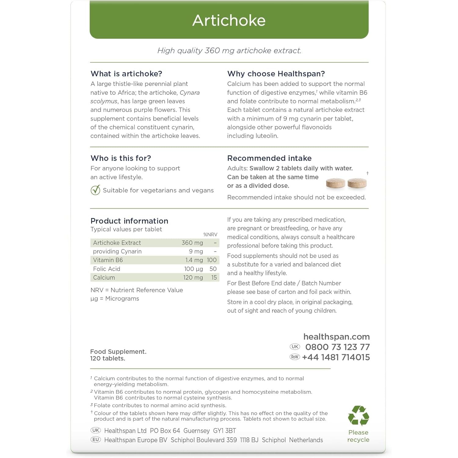 Healthspan Artichoke Extract 360Mg (120 Tablets) | Supports Digestion & Liver Health | High Strength Vegan Artichoke Tablets with 7.2Mg of Cynarin | with Calcium, Folate & Vitamin B6 | Vegan