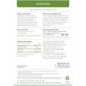 Healthspan Artichoke Extract 360Mg (120 Tablets) | Supports Digestion & Liver Health | High Strength Vegan Artichoke Tablets with 7.2Mg of Cynarin | with Calcium, Folate & Vitamin B6 | Vegan