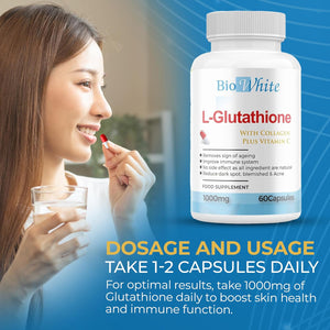 Bio White Glutathione Supplement - Natural Skin Whitening Anti-Aging Benefits and Improves Immunity, L-Glutathione Pills for Men & Women - Pure Antioxidant, 60 Capsules (1000Mg)