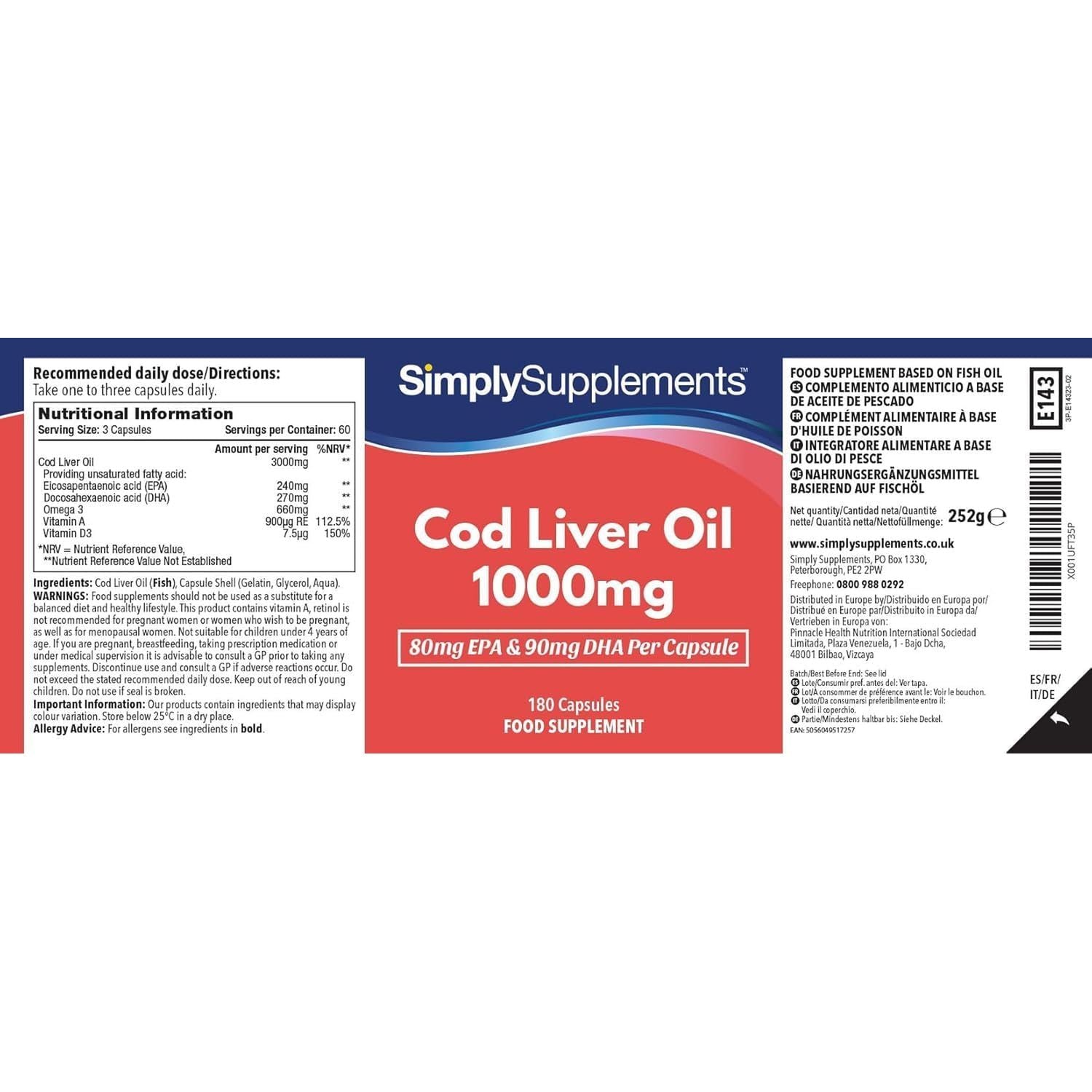 Pure Cod Liver Oil 1000Mg | Supports Heart, Brain, Vision & Immune Health | Rich in Omega 3 Fatty Acids | 240Mg of EPA and 270Mg of DHA per Serving | 180 Capsules = 2 Months' Supply | Made in the UK
