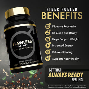 FLAWLESS for MEN Fibre Supplement 120 Capsules Psyllium Husk with Aloe Vera,Chia Seed & Flaxseed Powder Fiber, Gut Health, Cleanliness Constipation, IBS & Bloating Relief Soluble Fibre Pure Vegan.
