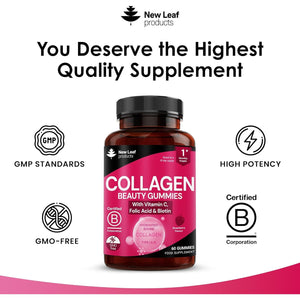 Collagen Gummies - High Strength Type L Bovine Collagan Beauty Supplement - Advanced Superior Type 1 Hydrolysed Collagen Peptides - Added Biotin, Vitamin C & Folic - 60 Gummies