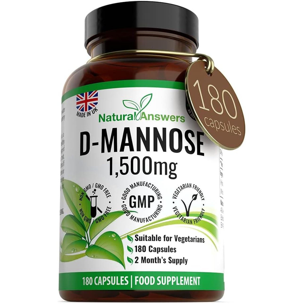 D-Mannose 180 Capsules - Max Strength 1500Mg per Serving - Precision Dmannose - Vegetarian Capsules Not Tablets or Pills, Made in the UK (180 Count (Pack of 1))