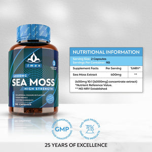 High Strength Sea Moss 4000Mg Capsules (180 Count) - Natural Source of Iodine - Wild Harvested - Vegan Friendly (3 Months Supply) - GMO Free, Gluten-Free, Made in the UK