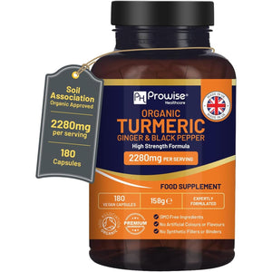 Organic Turmeric 2280Mg (High Strength) with Black Pepper & Ginger - 180 Vegan Turmeric Capsules with Active Ingredient Curcumin I Soil Association Approved I UK Made by Prowise Healthcare