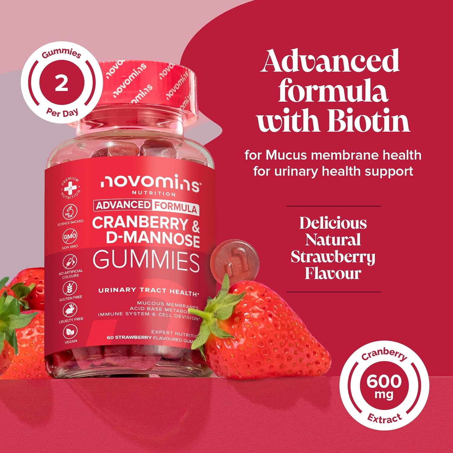 Cranberry & D Mannose Gummies - Urinary Tract Health & Bladder Control - Vegan - Alternative to Cranberry Tablets, Juice, or D Mannose Powder - Inulin, Magnesium - 60 Gummies - Novomins