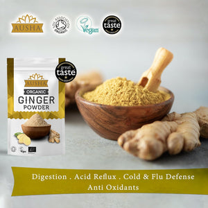 Ausha Organic GINGER POWDER 250G - UK Certified Orgainic by Soil Association -1* GREAT TASTE AWARD 2023 -Use in Ginger Shot, Cooking - Immunity, Digestion - Ground Ginger Root Tea