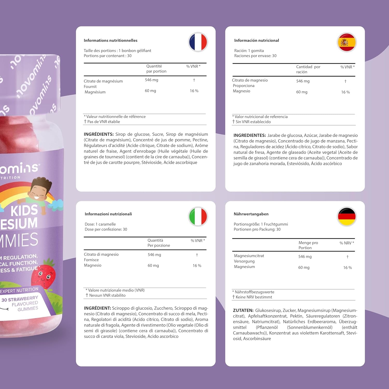 Kids Magnesium Gummies – 1 Month Supply – 546 Mg Magnesium Citrate Providing 60 Mg Elemental - Easy to Chew & Tastes Great - Alternative to Magnesium Glycinate – 30 Gummies - Novomins