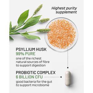 Psyllium Husks Capsules with Probiotics - High Fibre Supplement 1400Mg - Soluble Fiber Tablets High Strength - 60 Capsules - Pure Psyllium Husk & 6B Acidophilus Probiotic Complex for Digestive Support