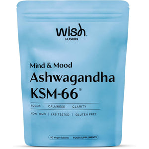 Wish Fusion Ashwagandha 3000Mg 90 Vegan Tablets - Ashwagandha High Strength for Stress Relief, Deeper Sleep, Calmness, Focus & Hormonal Balance Ashwaganda KSM 66 Complex - UK Made