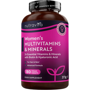 Women'S Multivitamins and Minerals - 24 Essential Active Vitamins and Minerals with Added Hyaluronic Acid - 180 Vegan Tablets - No Synthetic Fillers or Binders - Made in the UK by Nutravita