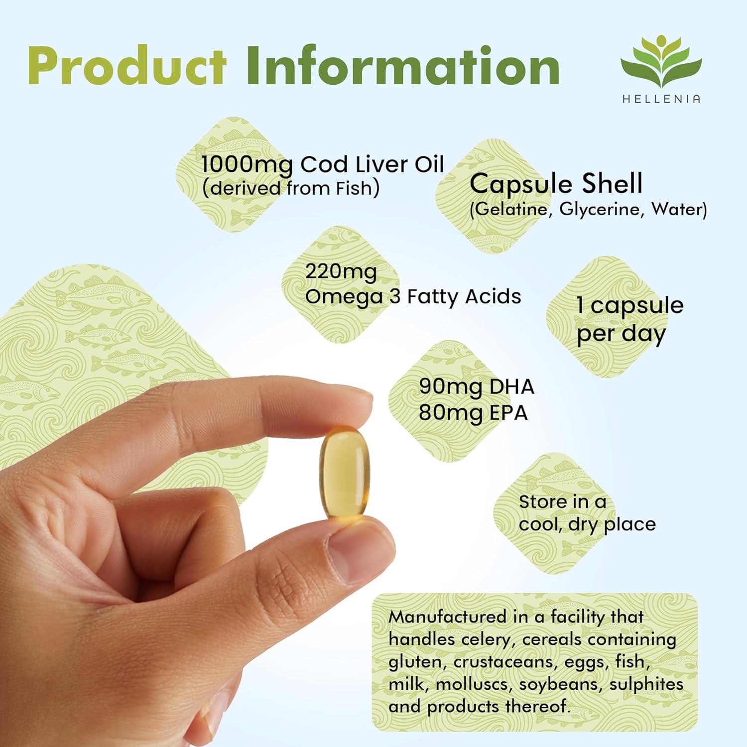 Cod Liver Oil Capsules High Strength 1000Mg | 360 Fish Oil Capsules UK Made - 1 Year Supply | Rich Source of Omega 3 Essential Fatty Acids | High EPA DHA | Gluten Free - Made in the UK for Hellenia