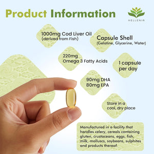 Cod Liver Oil Capsules High Strength 1000Mg | 360 Fish Oil Capsules UK Made - 1 Year Supply | Rich Source of Omega 3 Essential Fatty Acids | High EPA DHA | Gluten Free - Made in the UK for Hellenia