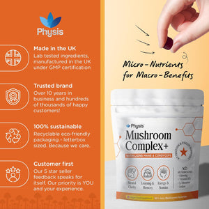 Physis Mushroom Gummies Complex 2000Mg | Attention Focus Clarity | Immunity & Energy | Brain Support | High Strength | Maitake, Reishi, Lion’S Mane & Chaga | 60 X Juicy Blackcurrant 1 Month Supply