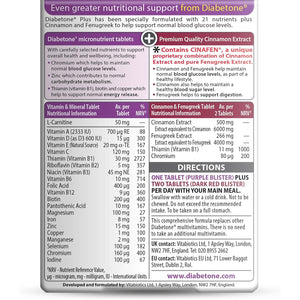 Diabetone plus with CINAFEN Complex: Cinnamon, Fenugreek and Chromium and 21 Micronutrients for Improved Blood Sugar Level and Diabetes Management, by Vitabiotics