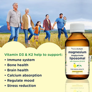 Magnesium Liposomal | with Vitamins D3 & K2 | Magnesium Bisglycinate | for Children & Adults | Highly Absorbable Liquid Supplement | Lemon & Elderflower Flavour | 30-Day Supply | 150Ml