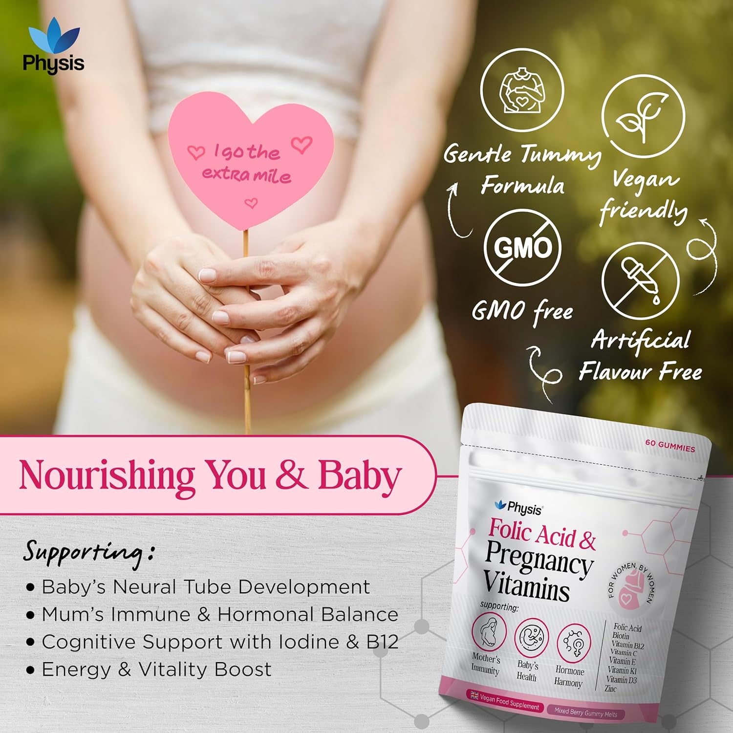 Physis Folic Acid & Pregnancy Vitamins | Prenatal Vitamins for Women | 60 Vegan Melt-In-Your-Mouth Mixed Berry Gummies | with Folic Acid, Vitamin D3, B12, Zinc, Iodine | Uk-Made Pregnancy Supplements