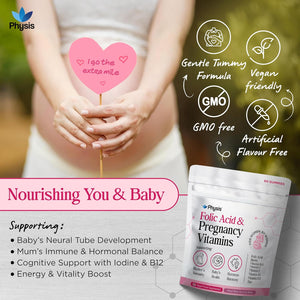 Physis Folic Acid & Pregnancy Vitamins | Prenatal Vitamins for Women | 60 Vegan Melt-In-Your-Mouth Mixed Berry Gummies | with Folic Acid, Vitamin D3, B12, Zinc, Iodine | Uk-Made Pregnancy Supplements