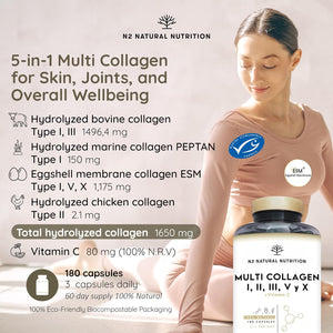 Multi Collagen 1650Mg Type I, II, III, V, X. Bovine, Marine Collagen Peptides 180 Capsules Enhanced with Vitamin C, for Joint Care, Skincare & Hair High Strength Collagen N2 Natural Nutrition