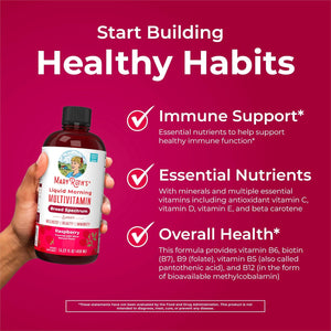 Maryruth Organics, Liquid Morning Multivitamin Essentials+, Essential Vitamins & Minerals, Sugar Free, Raspberry Flavour, 450Ml, Vegan, Gluten Free