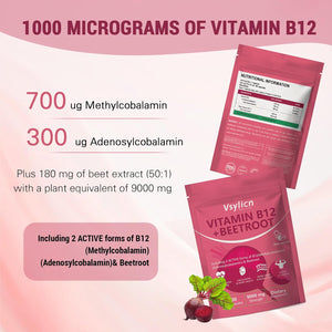 9000Mg Beetroot Extract & 1000Mcg Vitamin B12 Complex - Methylcobalamin & Adenosylcobalamin - Energy & Immune Support - Supports Blood Pressure, Vegan, Nitric Oxide Supplement - 90 Capsules