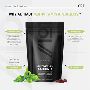 Multivitamins & Minerals for Men and Women – 90 Vegan Tablets – High Strength 18 Essential Vitamins & Minerals with Iron, Vitamin C, B12 & D3 – by Alpha01