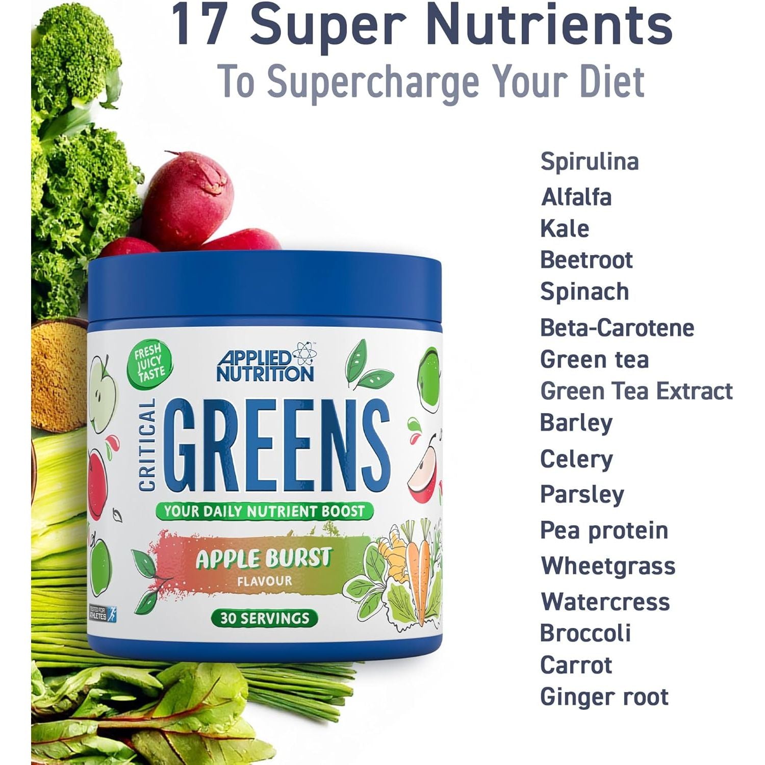 Applied Nutrition Critical Greens Powder and Superfood Blend for Gut Health Energy and Immune Support Vegan Daily Greens Juice Powder (150G - 30 Servings) (Apple Burst)