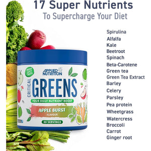 Applied Nutrition Critical Greens Powder and Superfood Blend for Gut Health Energy and Immune Support Vegan Daily Greens Juice Powder (150G - 30 Servings) (Apple Burst)
