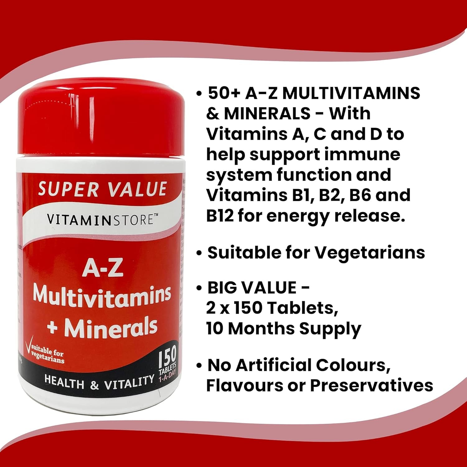 Vitamin Store A-Z Multivitamins & Minerals Food Supplement, 150 Tablets per Tub, Pack of 2 Tubs, 10 Months Supply