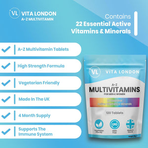 Multivitamin Tablets for Women & Men | 22 Essential Active Multi Vitamins & Minerals | 4 Month Supply (Tablet, Not Powder or Multivitamins Capsule) | UK Made Supplements