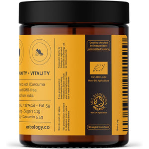 Erbology Organic Turmeric Powder 90G - 90 Servings - 5.5% Curcumin - No Additives or Preservatives - Sustainably Sourced Straight from Farm in Karnataka, India - Small Batch - Vegan - Gmo-Free