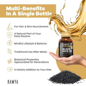 Rawya Black Seed Oil - 120 Softgel Capsules, Cold-Pressed Nigella Sativa, Pure Black Cumin Seed Oil, Rich in Omega Fatty Acids, Cumin Seeds for Radiant Skin & Hair Nourishment - 500Mg Each