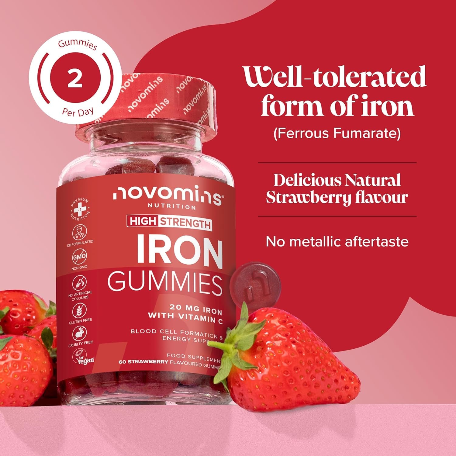Iron Gummies with Vitamin C - 1-Month Supply - 20Mg High Strength Alternative to Iron Tablets & Drops - Supplements for Women & Men - Immune System & Energy Booster - Novomins