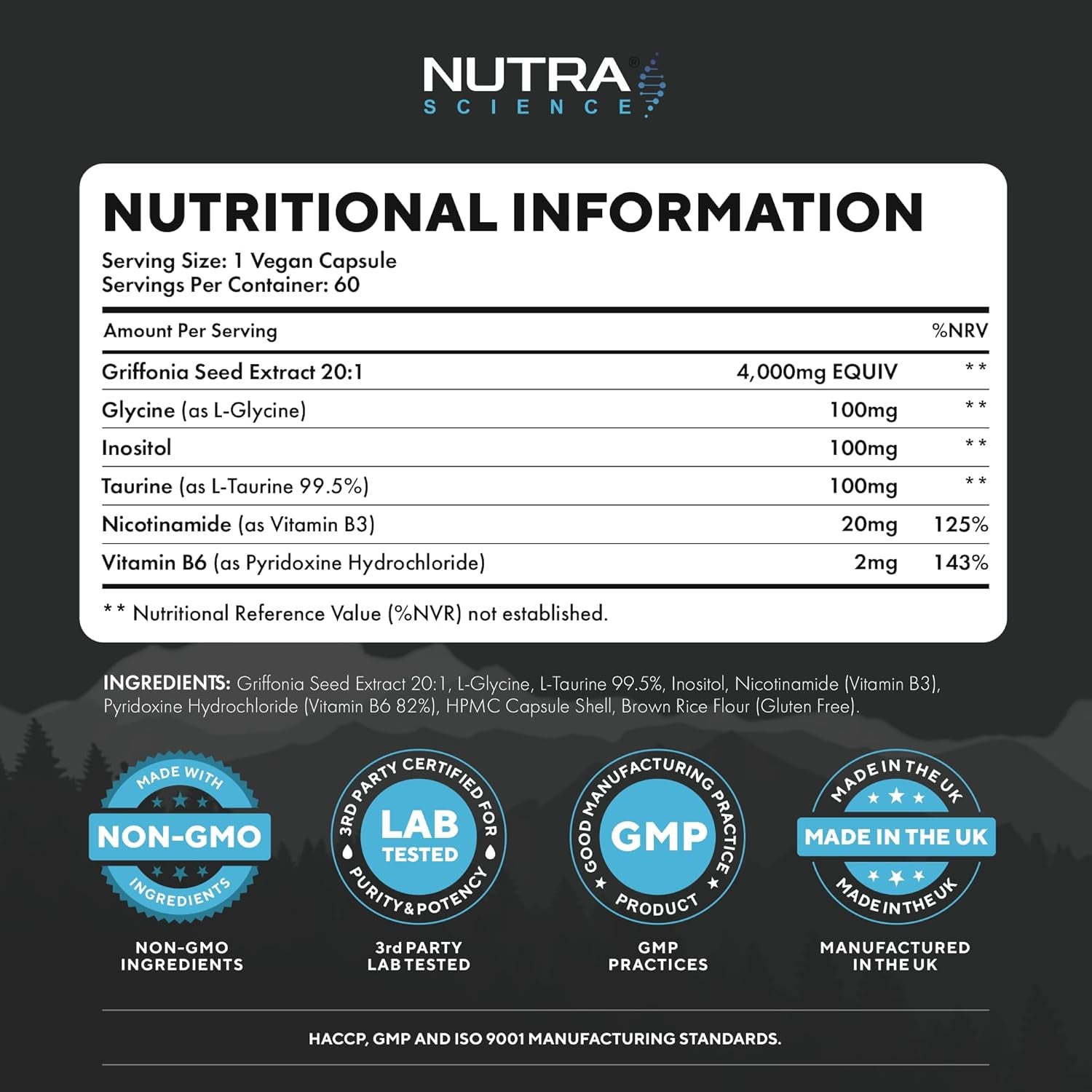 5HPT Ultra 4,000MG - Extra Strength Griffonia Seed Extract Neurotransmitter Support with Nicotinamide, Glycine, Inositol, Vitamin B6, 60 Vegan Capsules