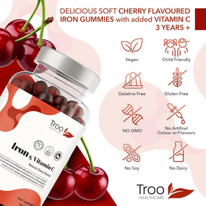 Troo Health Care Iron & Vitamin C - 150 Natural Cherry Flavour Gummies - Tasty Chewable Supplement for Men, Women and Kids - Increased Absorption Supports Cognitive & Red Blood Cell Formation
