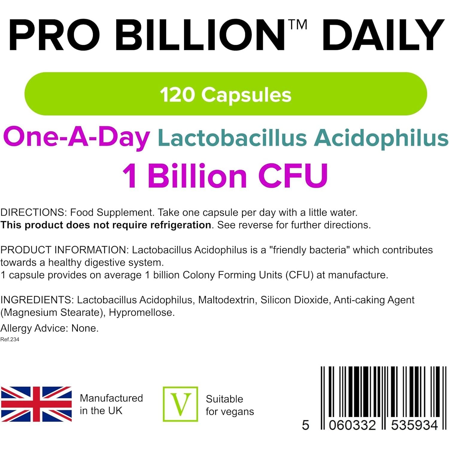 Lindens - Pro Billion Daily - Acidophilus Lactobacillus - 120 Capsules - UK Made - 1 Billion CFU Friendly Bacteria - Supports Digestive Health - Vegan Friendly - GMP & Letterbox Friendly