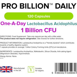 Lindens - Pro Billion Daily - Acidophilus Lactobacillus - 120 Capsules - UK Made - 1 Billion CFU Friendly Bacteria - Supports Digestive Health - Vegan Friendly - GMP & Letterbox Friendly