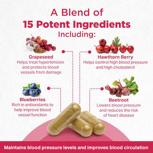 Strength & Spices Blood Pressure Aid, Immune System Booster Herbal Supplements, Blood Pressure Tablets with 15 Natural Ingredients Including Hawthorn Berry and Grape Seed, 1000 Mg, 60 Capsules