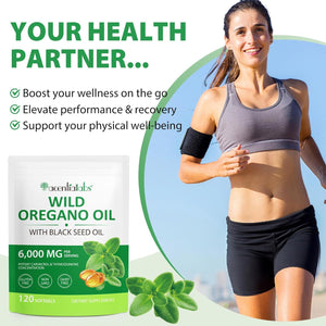 Wild Oil of Oregano Softgels 2 In1 6,000 Mg Oregano Oil with Black Seed 120 Softgels Easy to Swallow for Enhancing Immune System & Bone Health
