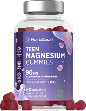 Teen Magnesium Gummies 90Mg | 60 Count | Elemental Mineral as 800Mg Magnesium Citrate | Berry Flavour Supplement Formulated for Teenagers | Vegan | by Horbaach