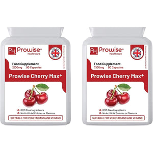Cherry Max+ (Pack of 2) 2100Mg Montmorency Cherry Added with Black Cherry I 90 Vegan Capsules High Strength I Made in the UK by Prowise Healthcare