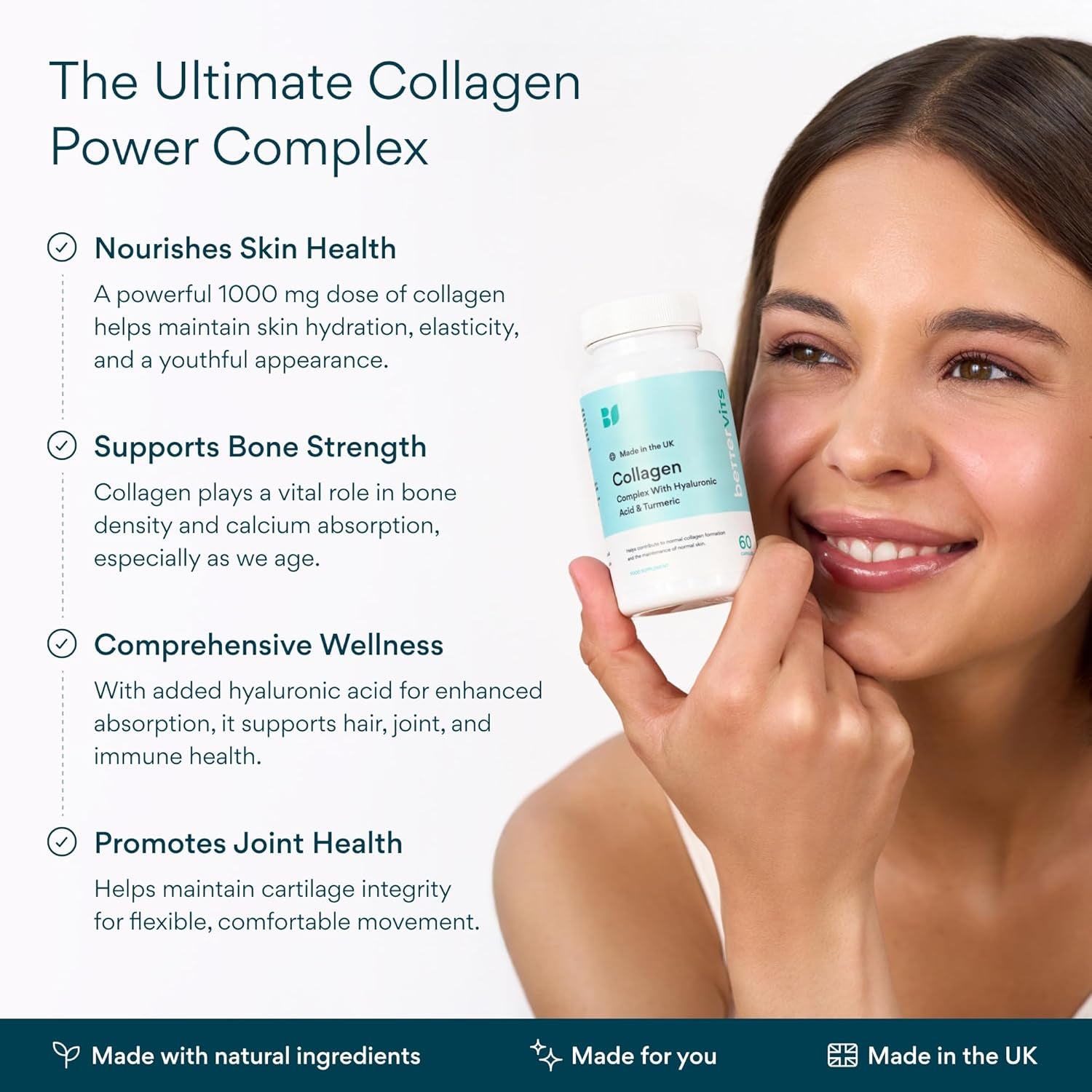 Bettervits Collagen Complex with Hyaluronic Acid and Vitamin C | Marine Collagen Supplements for Women and Men with Biotin | High-Strength Vitamin E for Skin, Hair, Nails, Joint Health - 60 Capsules