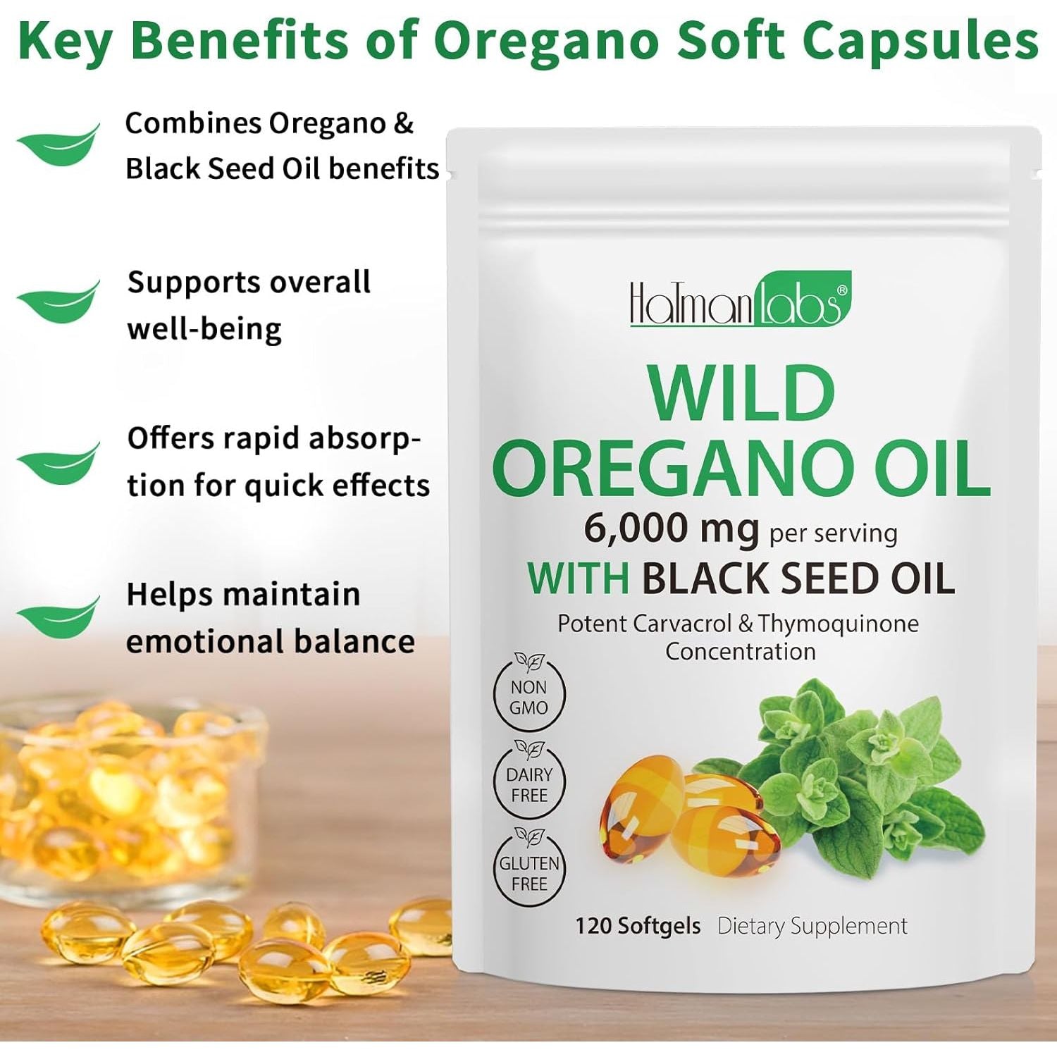 Oil of Oregano Softgels, 2 in 1 6000Mg Oil of Oregano with Black Seed 200Mg, Non-Gmo, Gluten Free, 120 Softgels, Herbal Supplement - Non-Gmo, Supports Immune & Digestive Health
