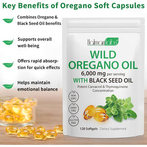 Oil of Oregano Softgels, 2 in 1 6000Mg Oil of Oregano with Black Seed 200Mg, Non-Gmo, Gluten Free, 120 Softgels, Herbal Supplement - Non-Gmo, Supports Immune & Digestive Health