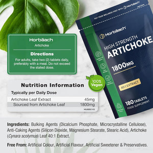 Artichoke Extract 1800Mg | High Strength Artichoke Supplement | 180 Vegan Tablets | Artichoke Leaves | by Horbaach